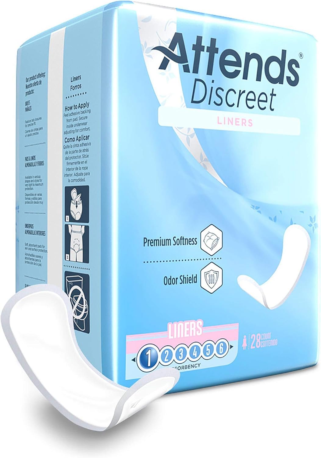 Attends Discreet 6-inch liners, 28 count package with odor shield and premium softness