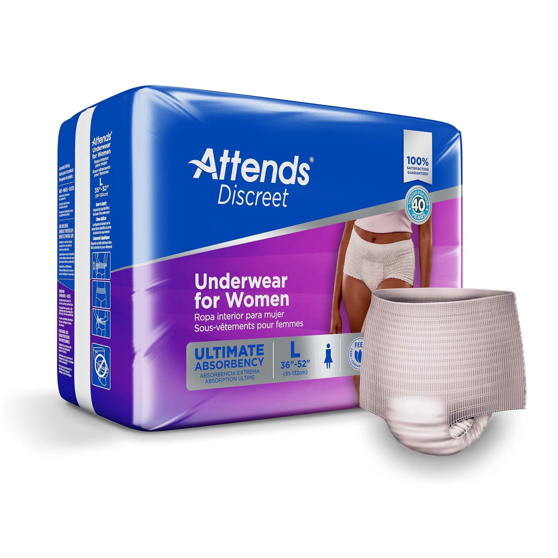 Discreet underwear for women L size, Ultimate Absorbency; beige pull-on brief; pack shown