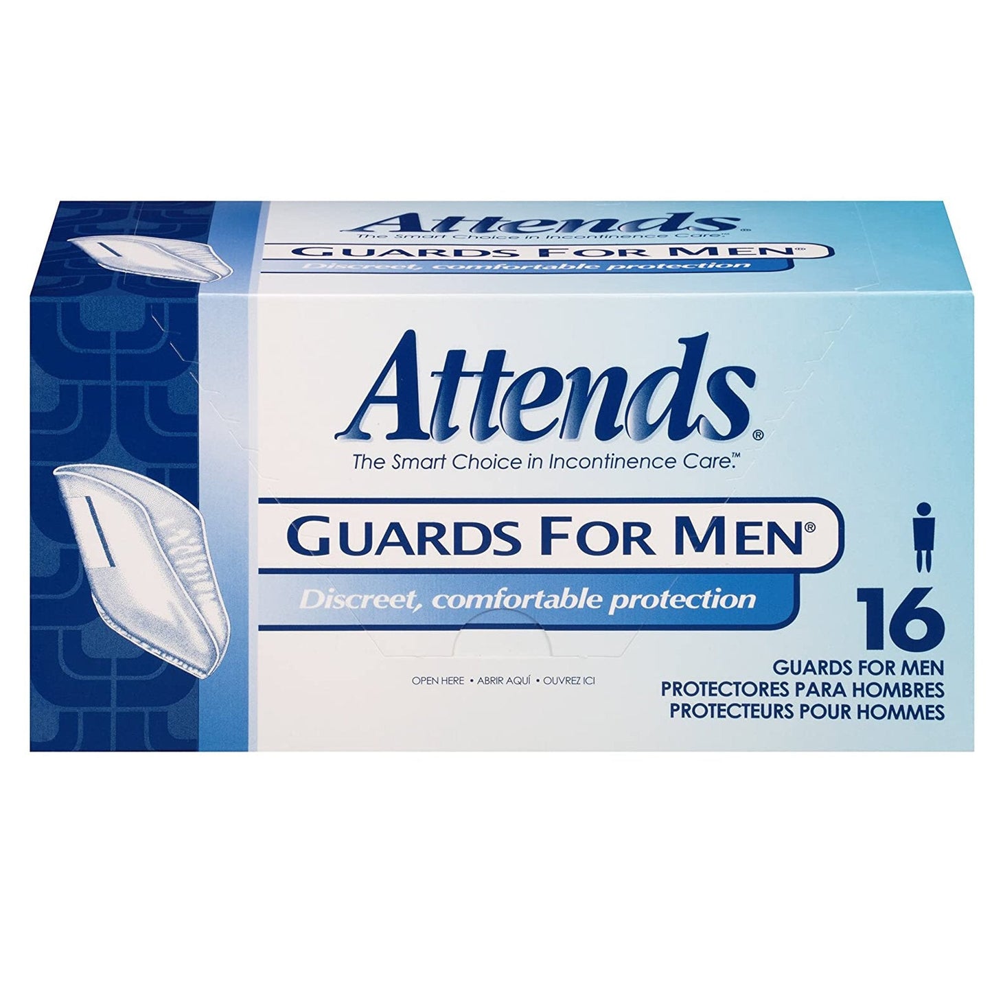 Attends Guards for Men box, pack of 16 with discreet protection text