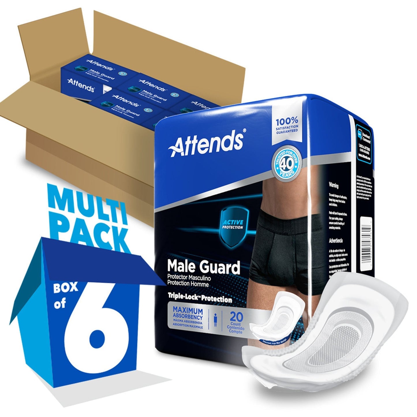 Attends Male Guard multi pack, box of 6, male incontinence protector with pad