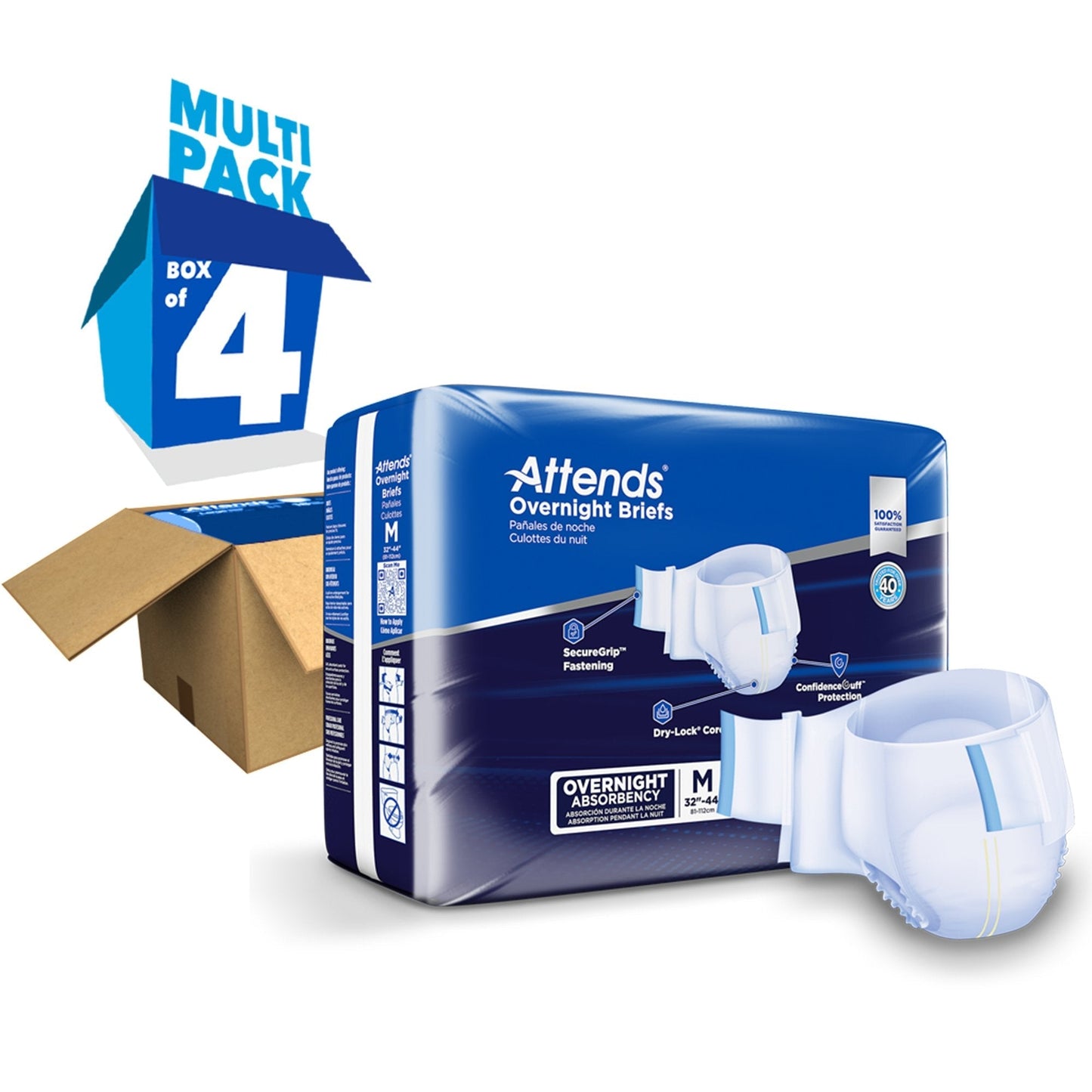 Attends overnight briefs multi-pack box of 4 (size M) with absorbent briefs shown