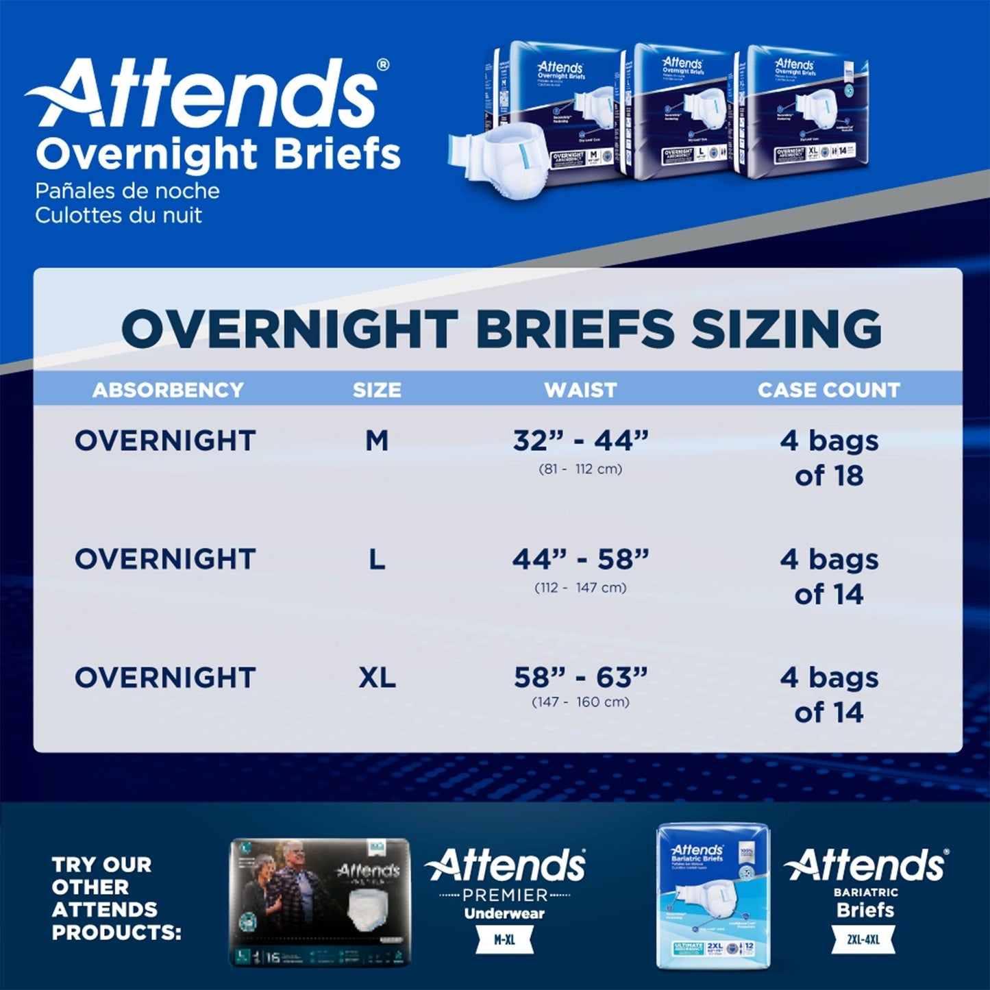 Overnight briefs sizing chart showing M, L, XL waist ranges and case counts