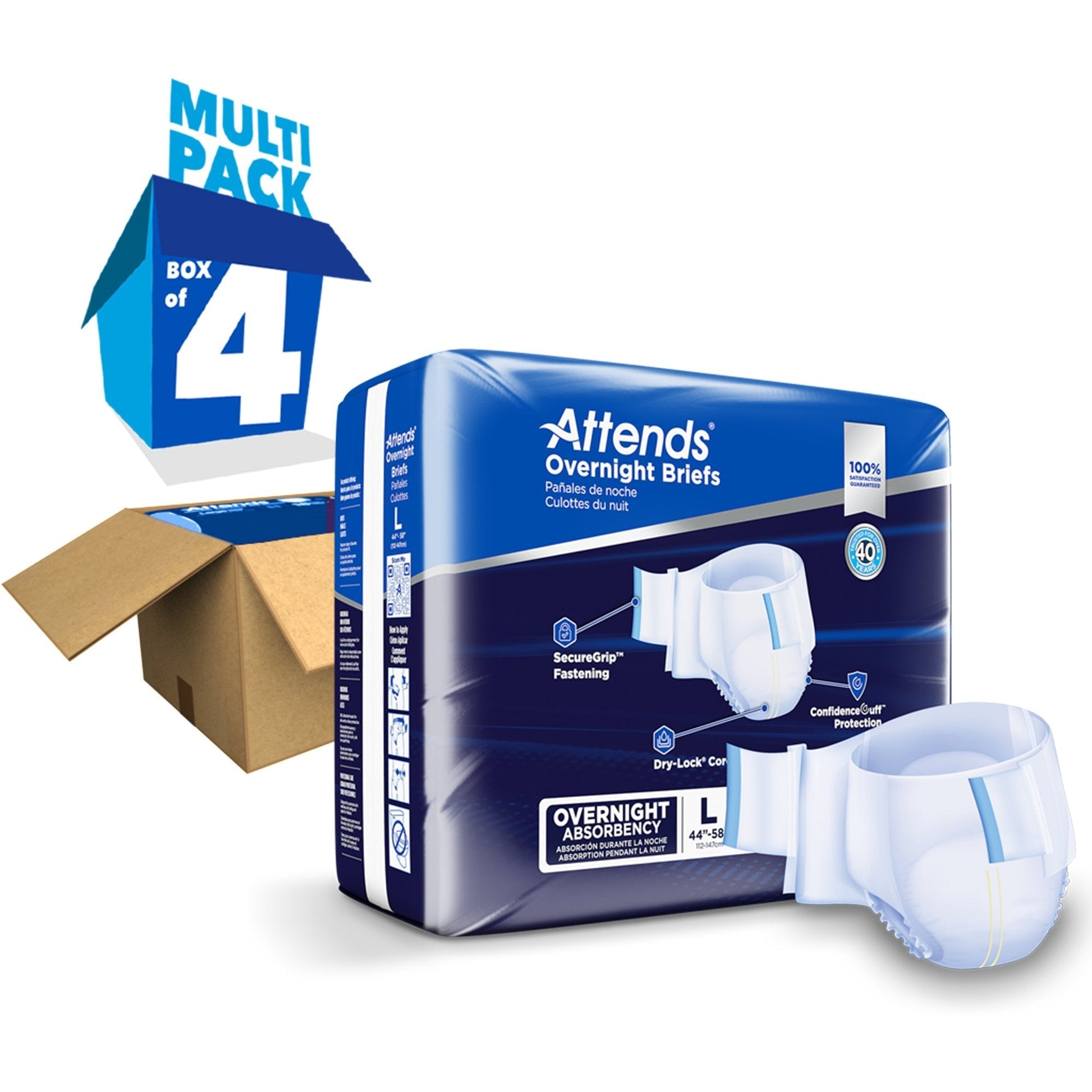 Attends overnight briefs multi-pack box of 4 (size L) with absorbent briefs shown