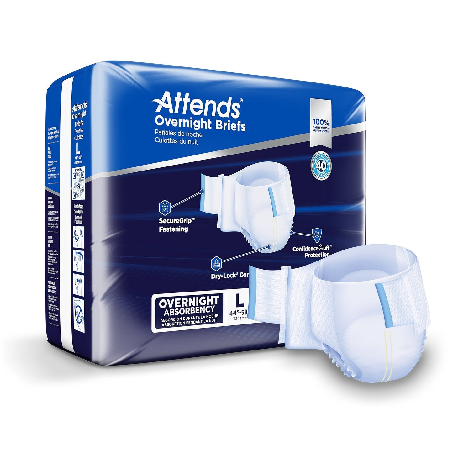 Overnight briefs for men, size L, white absorbent underwear with blue tabs, package shown