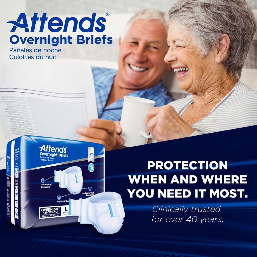 Overnight absorbency briefs with blue retail box and white disposable pull-on briefs