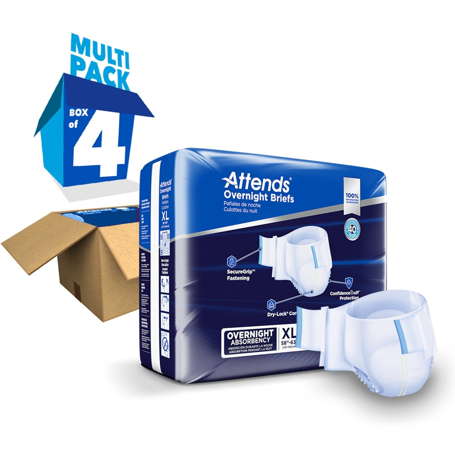 Attends overnight briefs multi-pack box of 4 (size XL) with absorbent briefs shown