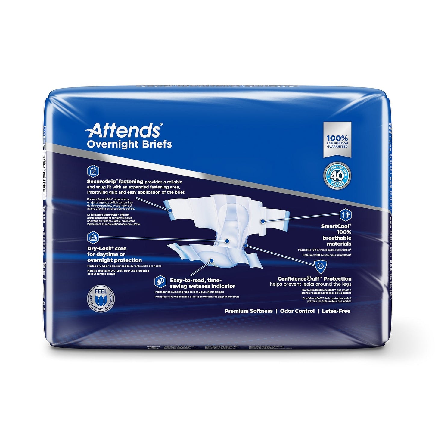 Overnight briefs package back panel with feature callouts for overnight absorbency