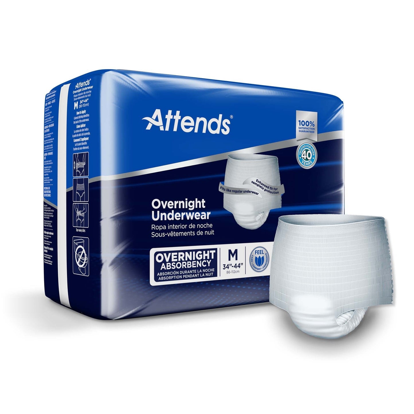 Overnight underwear size M briefs, disposable absorbent underwear, 34"–44" range.