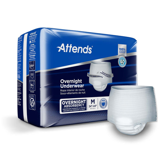 Overnight underwear size M briefs, disposable absorbent underwear, 34"–44" range.