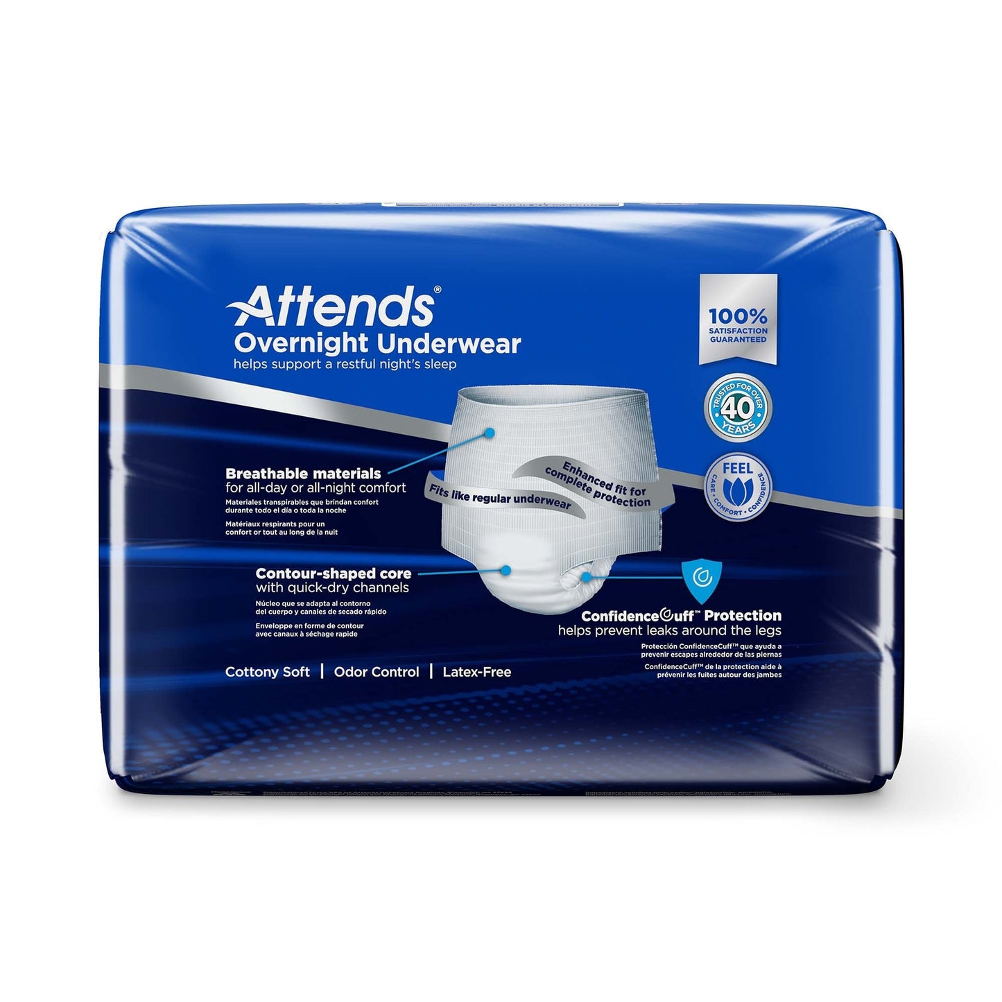 Overnight underwear size M (34"–44"), contour-shaped core with quick-dry channels.