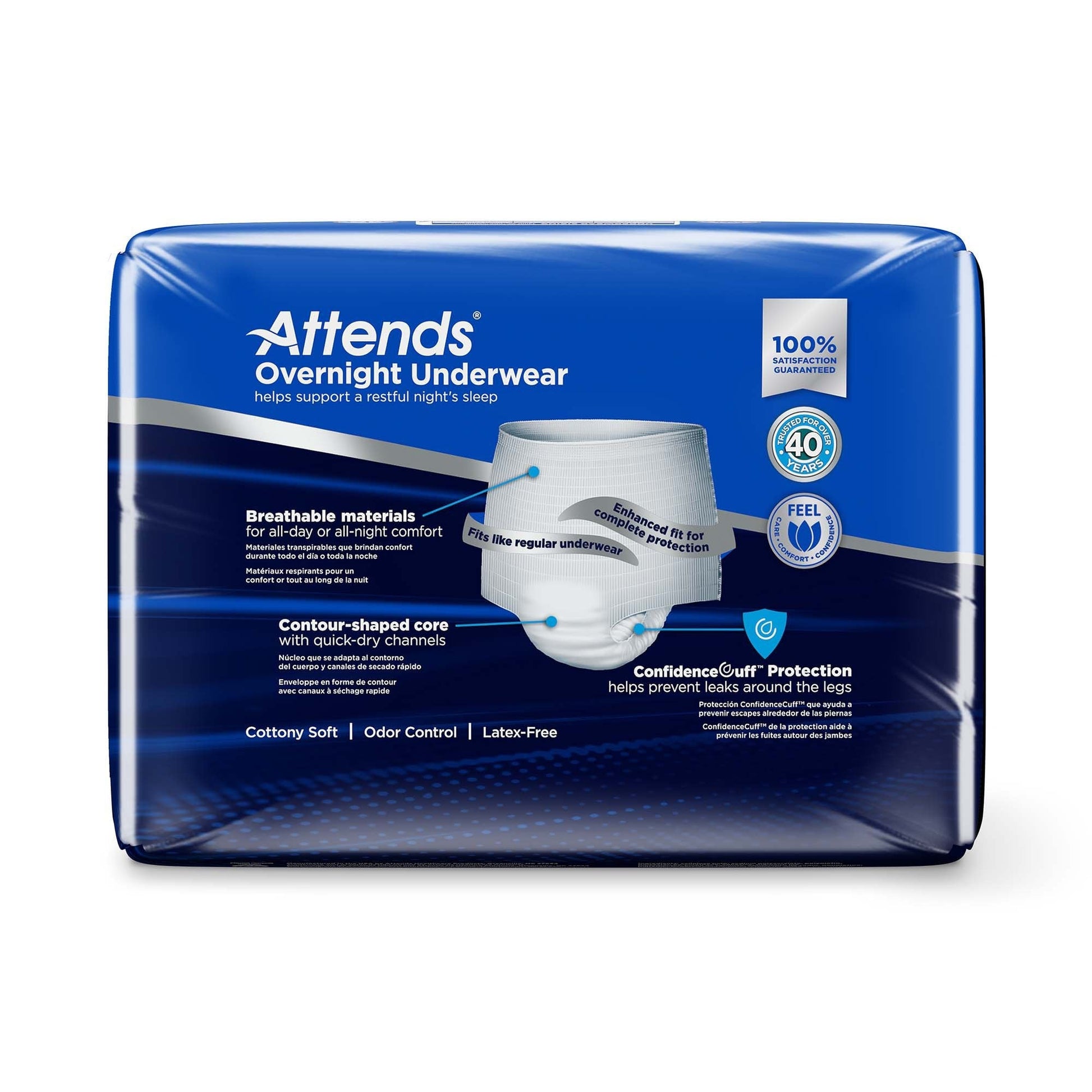 Overnight underwear size M (34"–44"), contour-shaped core with quick-dry channels.