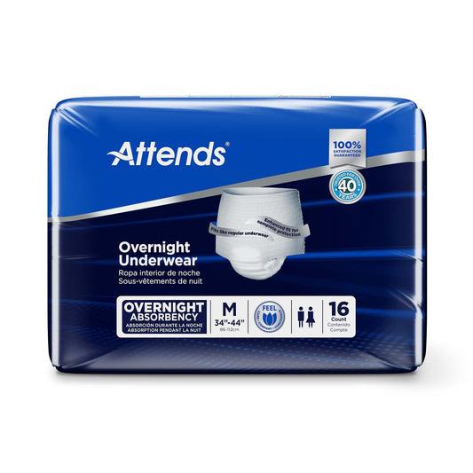 Overnight underwear size M (34"–44"), 16-count pack, disposable briefs for nighttime use.