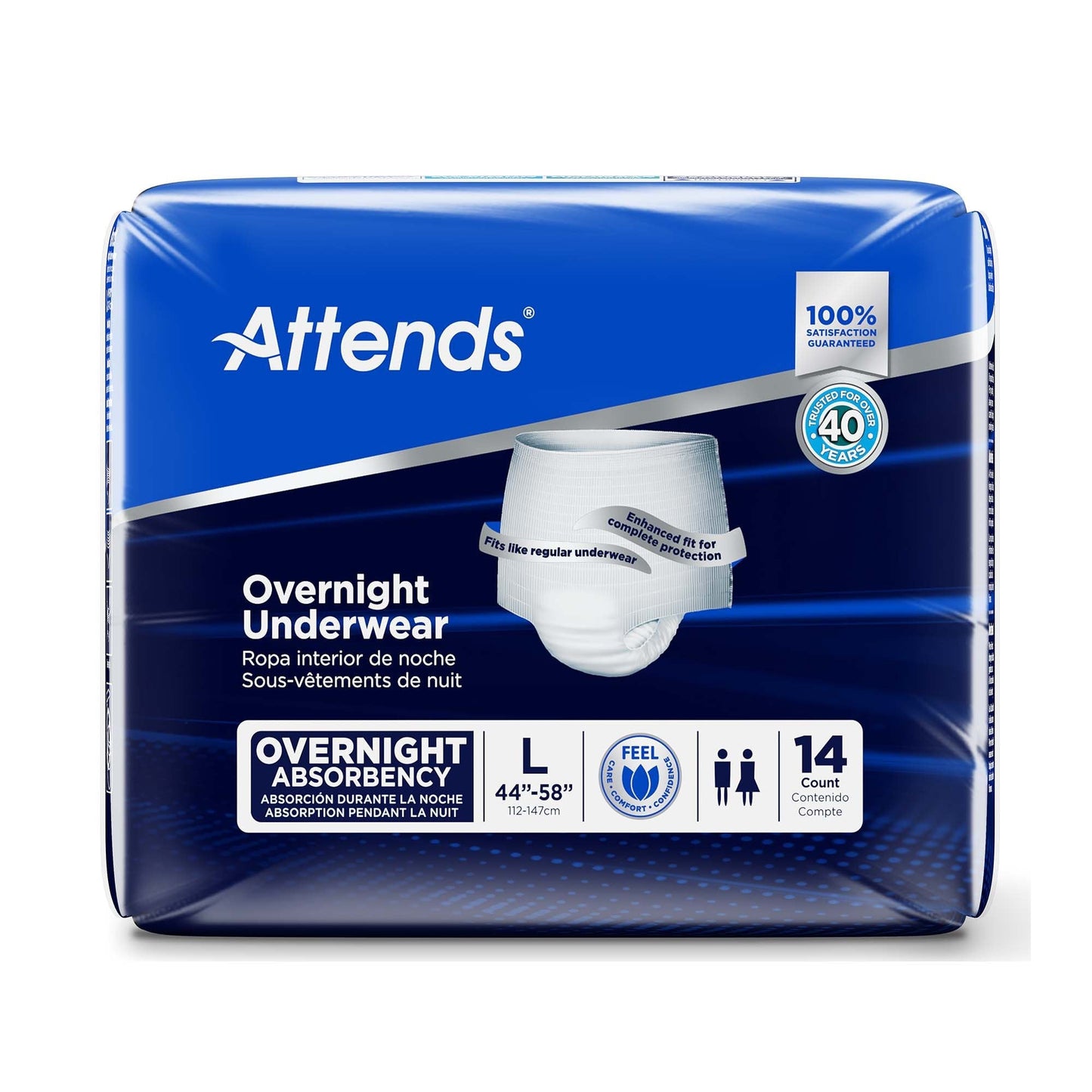 Overnight underwear size L (44"–58"), 14-count disposable briefs for overnight protection.
