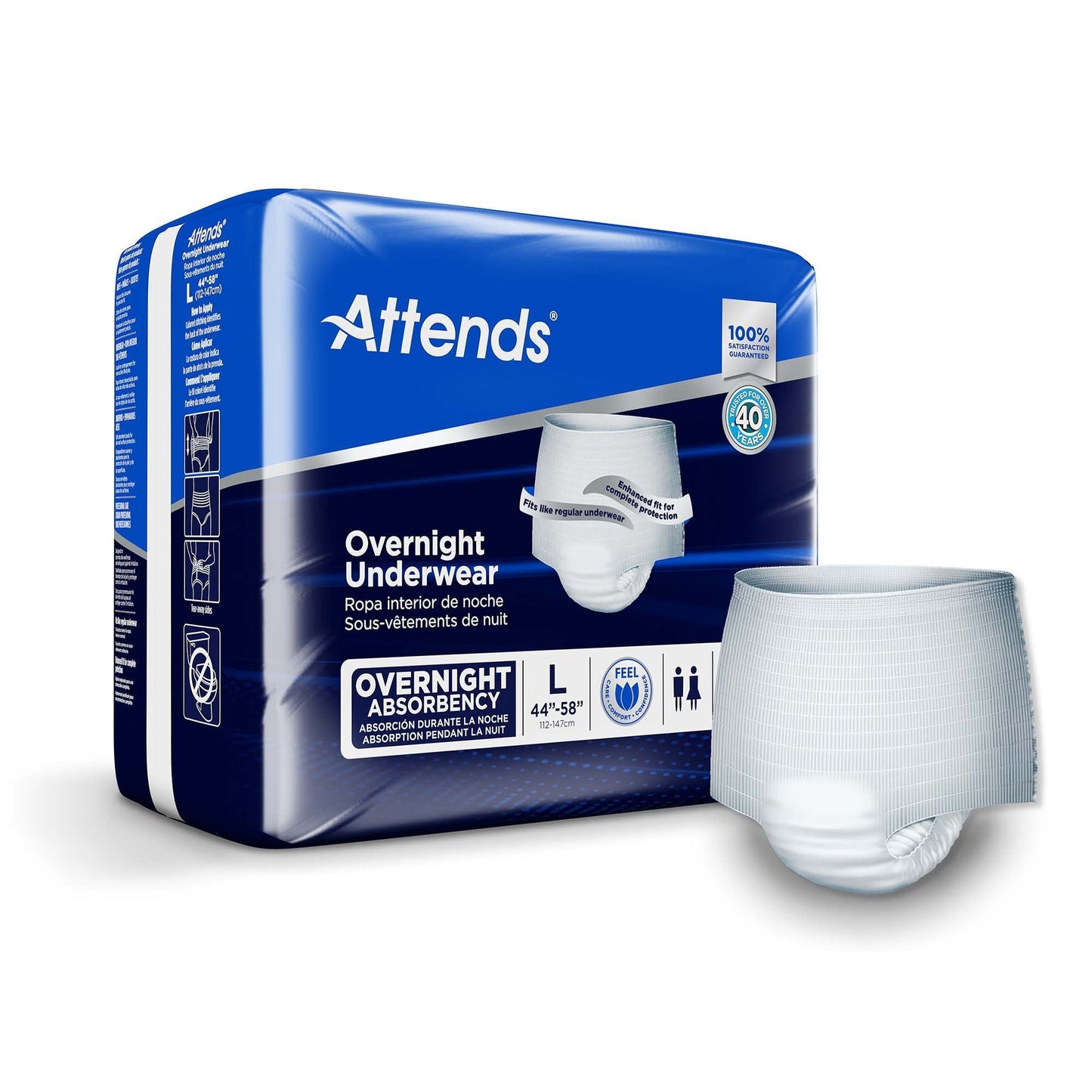 Overnight underwear size L (44"–58"), disposable briefs in pack with absorbency badge.