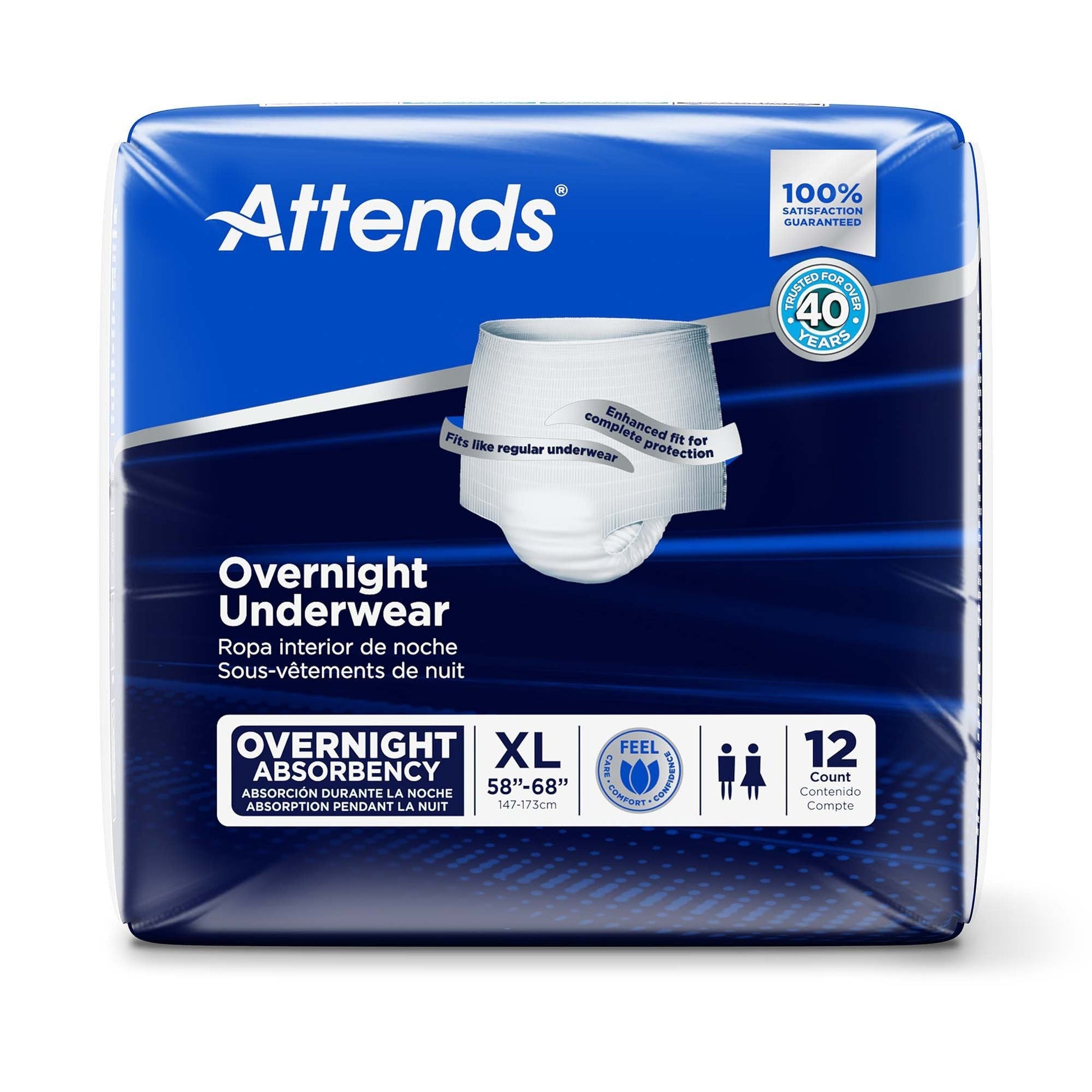 XL 58–68 overnight underwear, white disposable briefs, 12-count pack (box front)