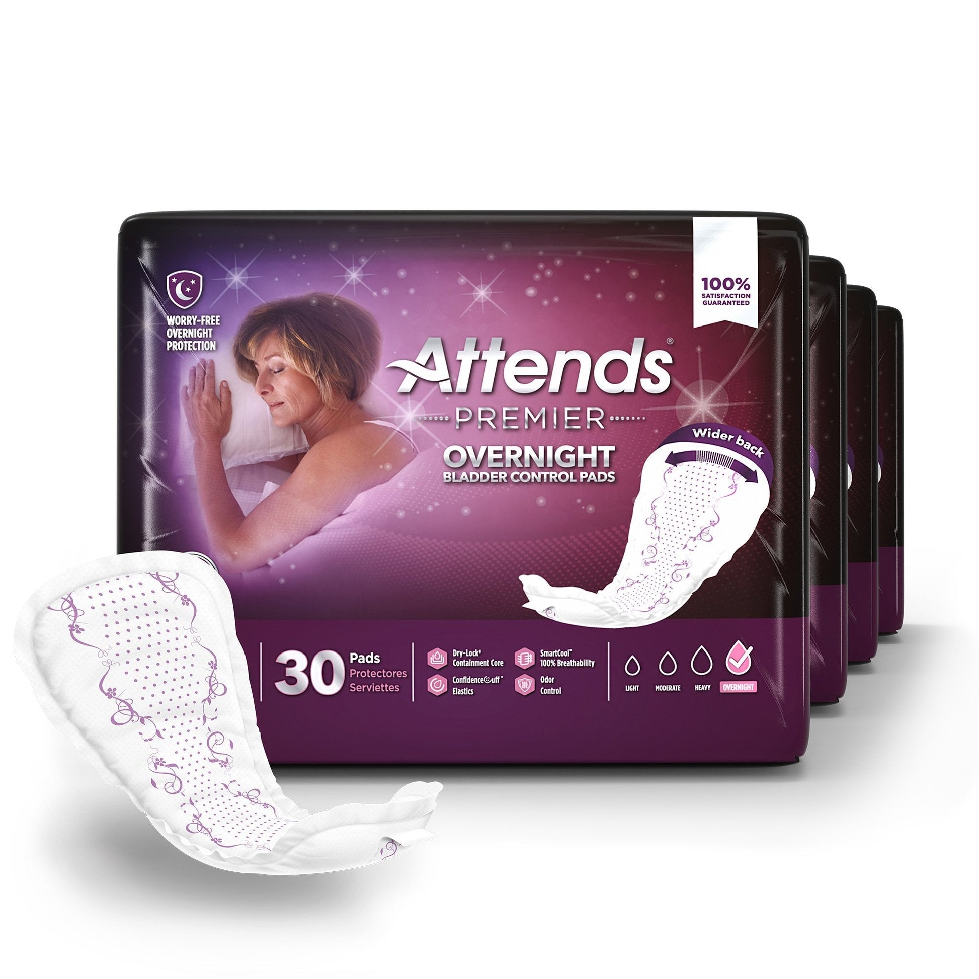 Attends Premier overnight bladder pads, 30-count box pack, shown with pad