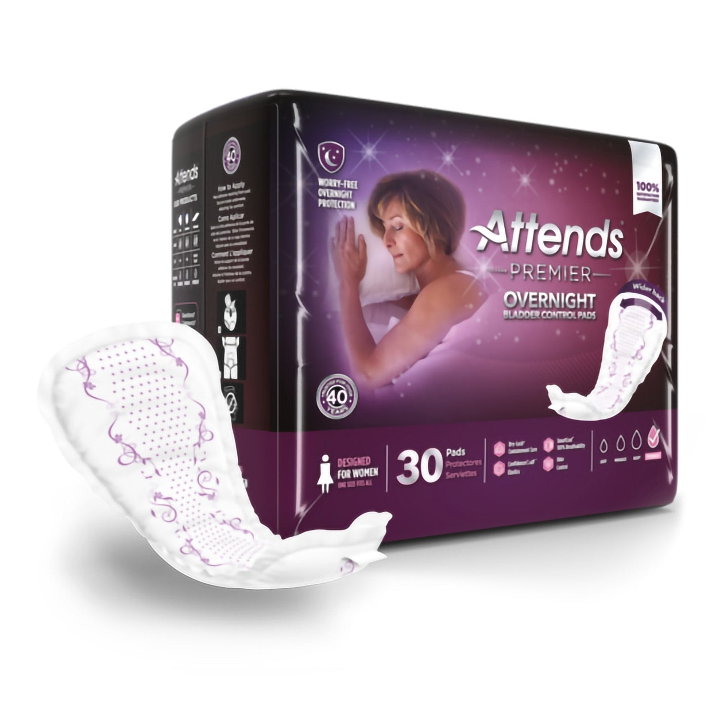 Attends Premier overnight bladder pads, 15 in, 30-count pack (shown with pad)