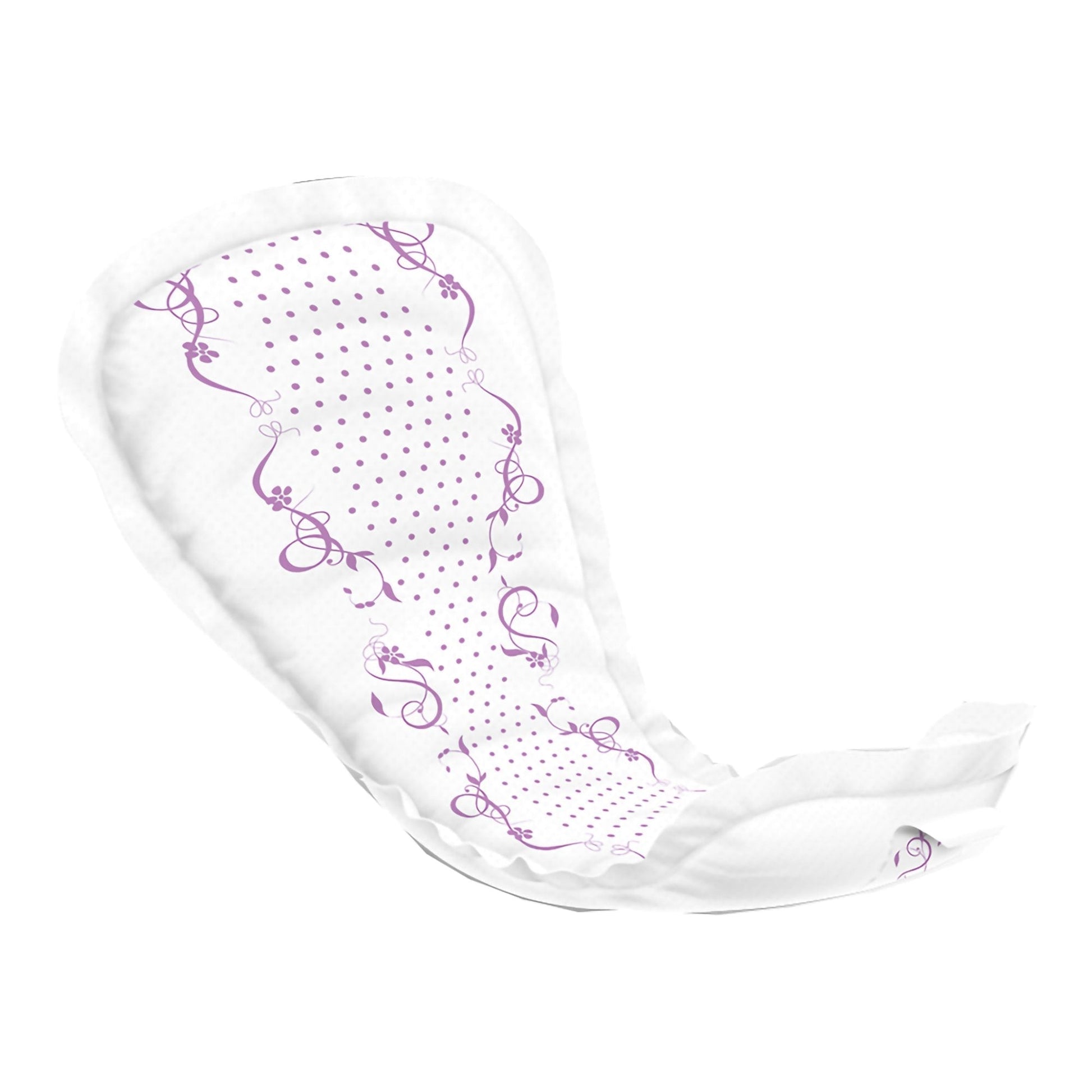 White overnight bladder control pad with purple dot pattern and side flaps