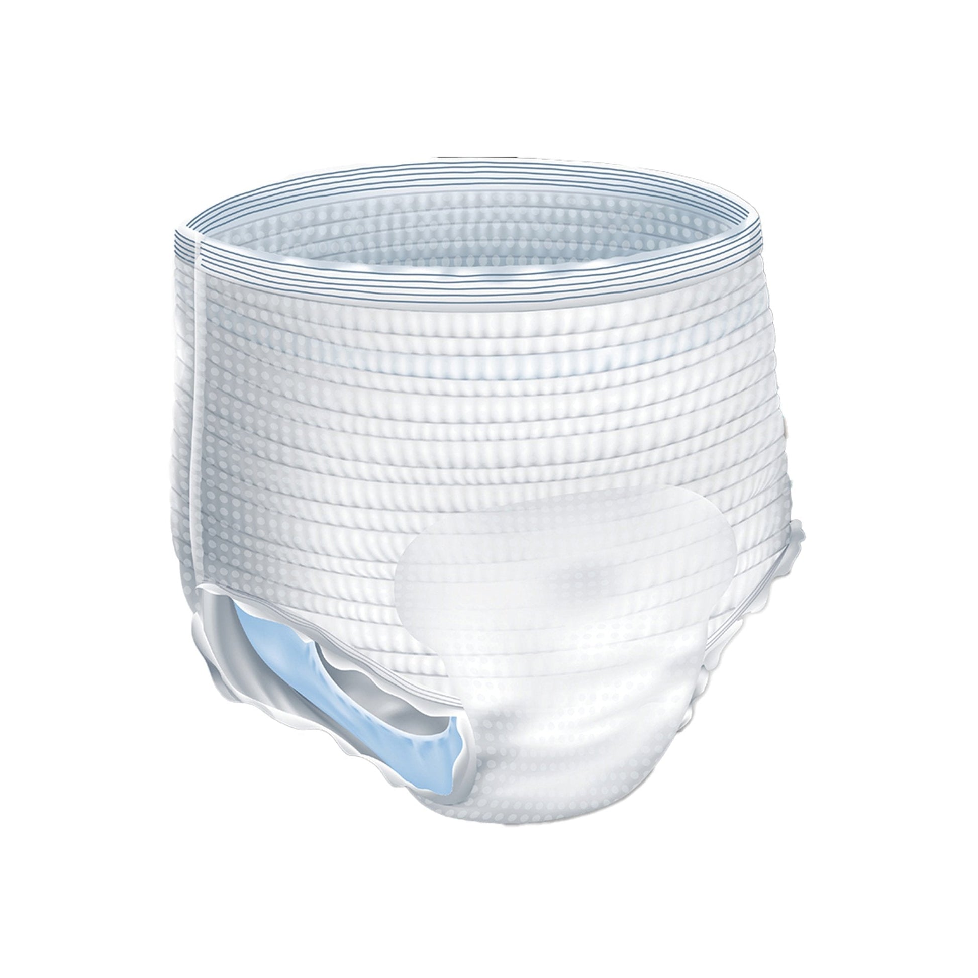 White pull-up absorbent underwear with elastic waist and leg openings