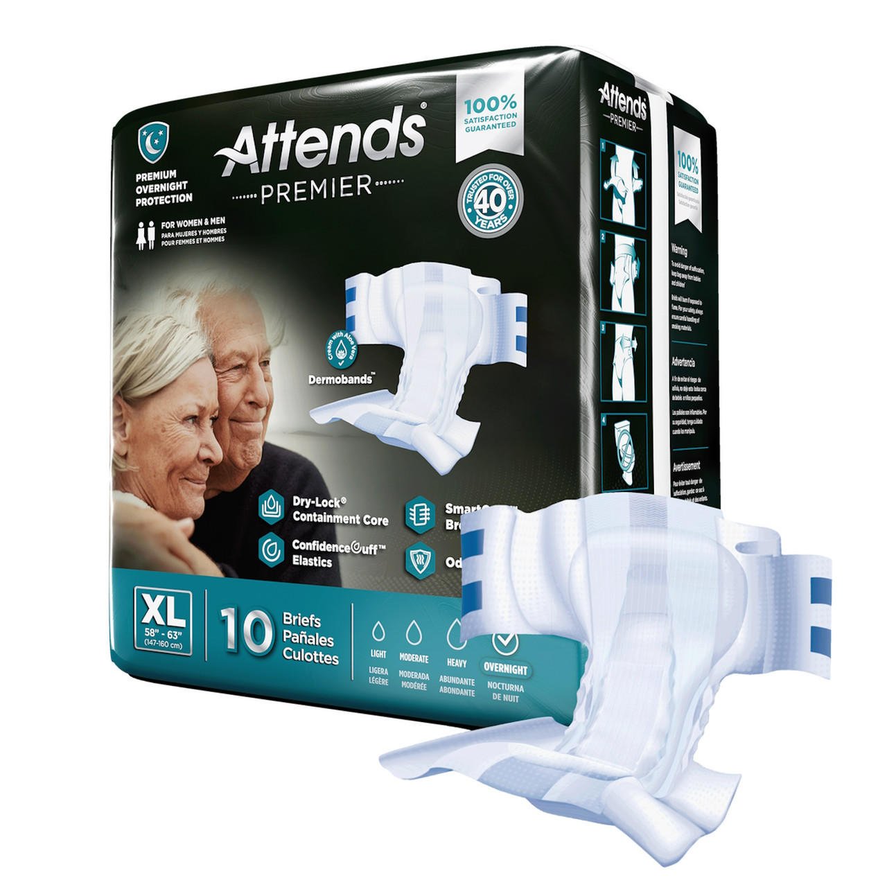Attends Premier tab-style briefs, size XL (58–63 in), pack of 10
