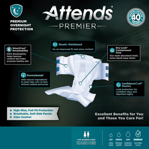 Attends Premier overnight tab-style briefs with elastic waistband and leak protection