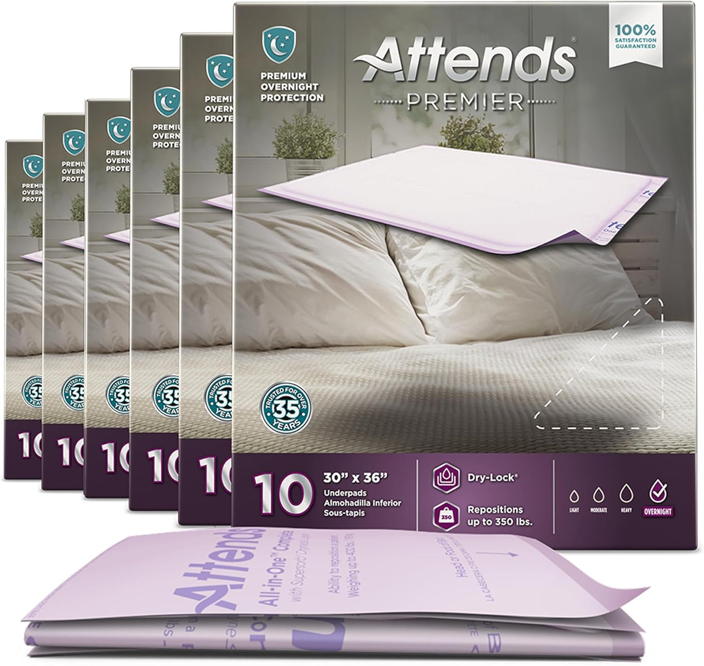 Attends Premier underpad 30"x36", multiple packs of 10; lavender-edged absorbent pads
