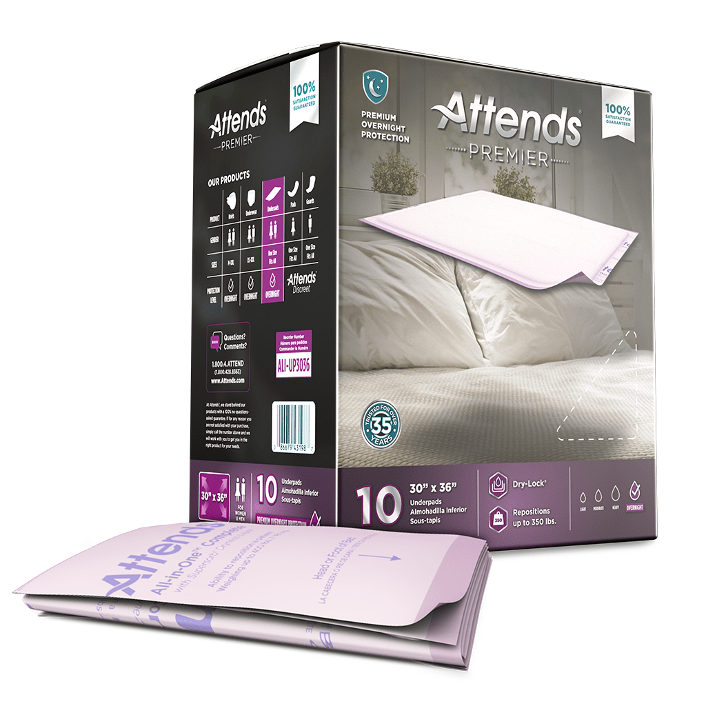 Attends Premier underpad 30"x36", pack of 10; lavender border, absorbent liner