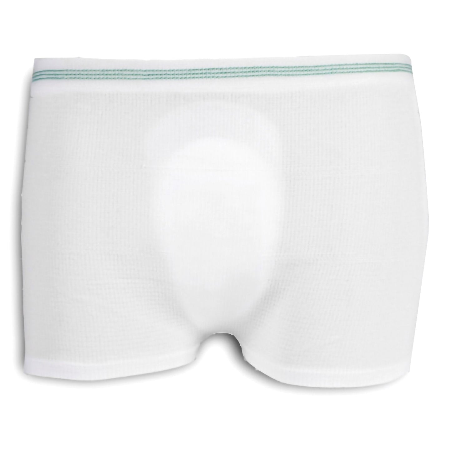 White seamless knit mesh pants, back view with waistband and leg openings