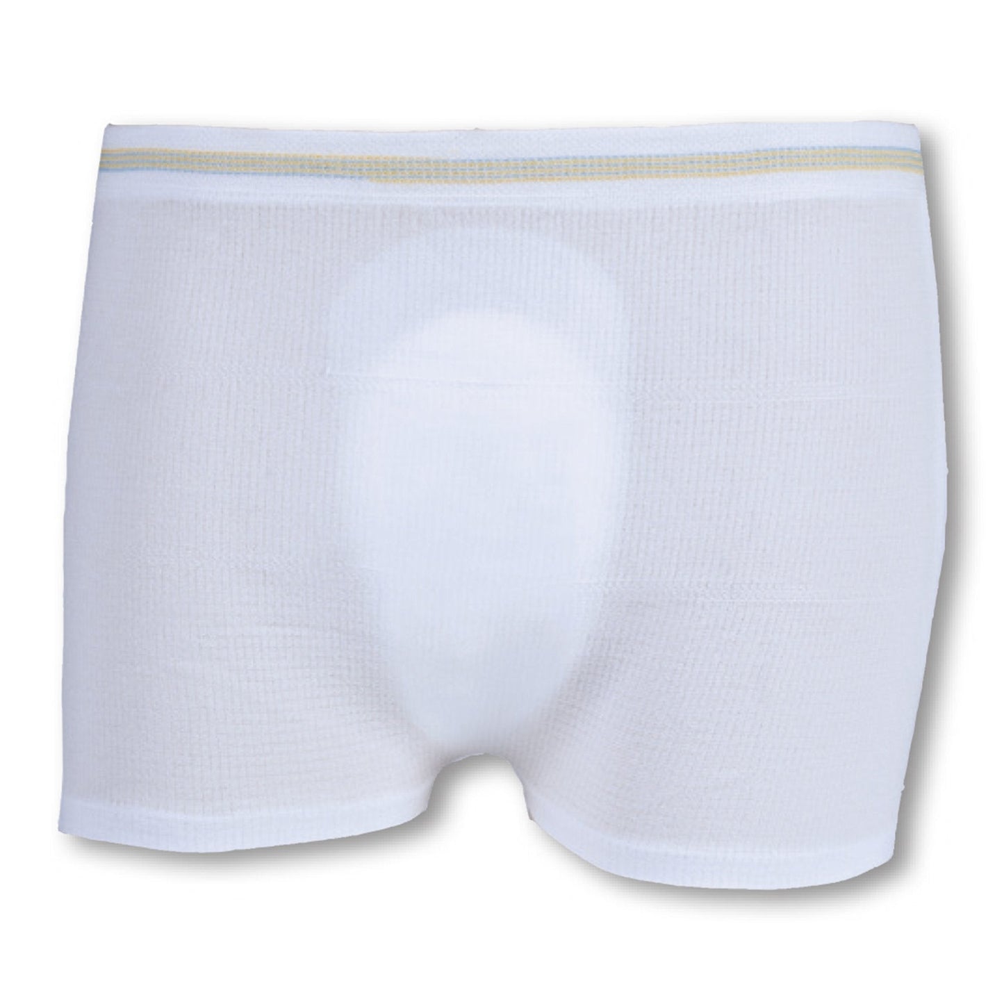 White seamless knit mesh pants, front view with waistband stripe and leg openings