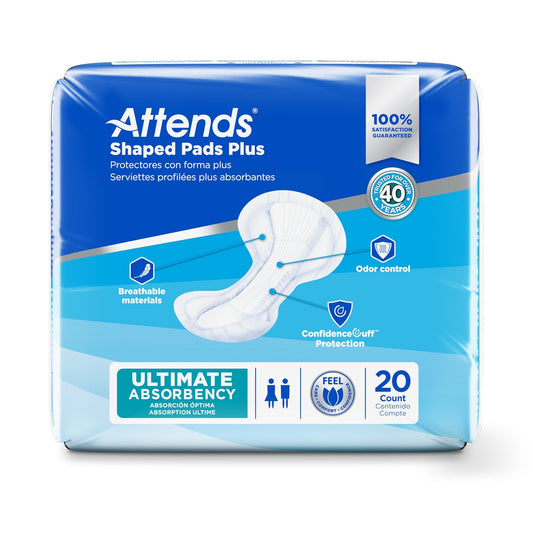 Attends Shaped Pads Plus protective pads with odor control, ultimate absorbency, 20 count