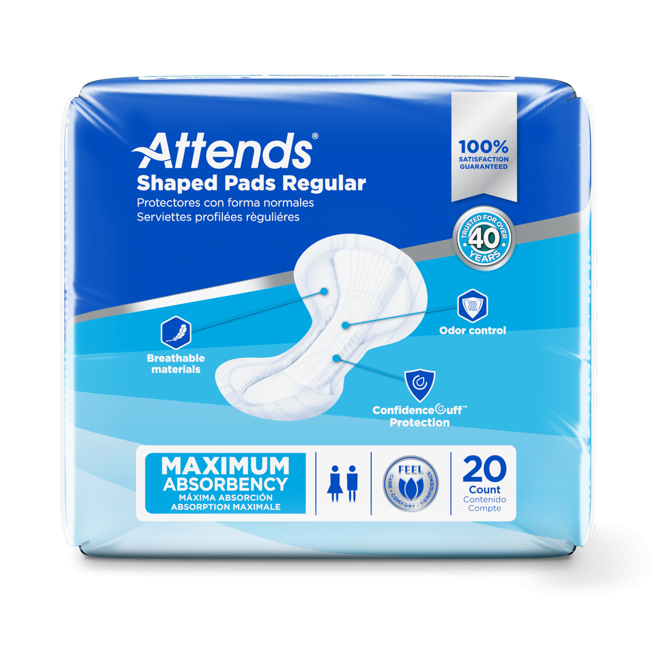 Attends Shaped Pads Regular maximum absorbency, 20-count package