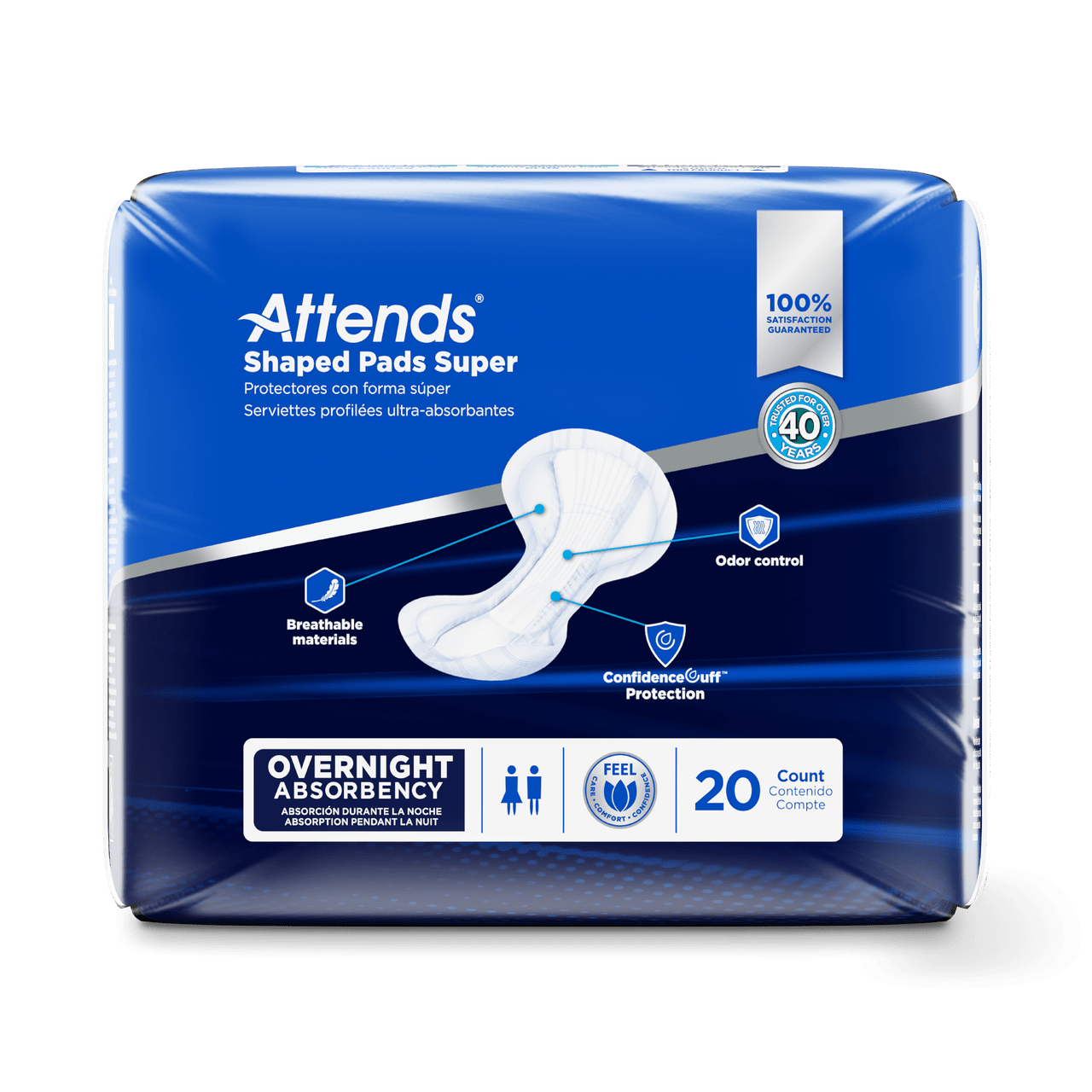 Attends Shaped Pads Super overnight absorbency pack, breathable materials, 20 count