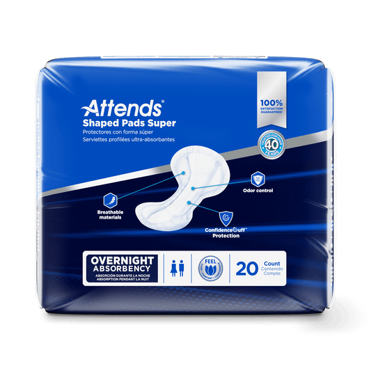Attends Shaped Pads Super overnight absorbency pack, breathable materials, 20 count