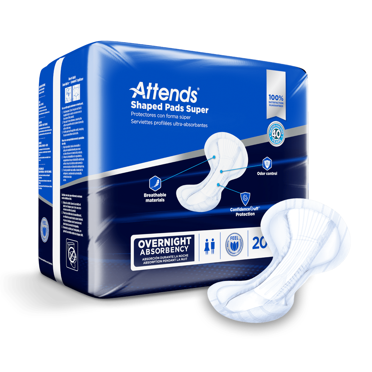 Attends Shaped Pads Super overnight absorbency pad, shaped fit, 20 count