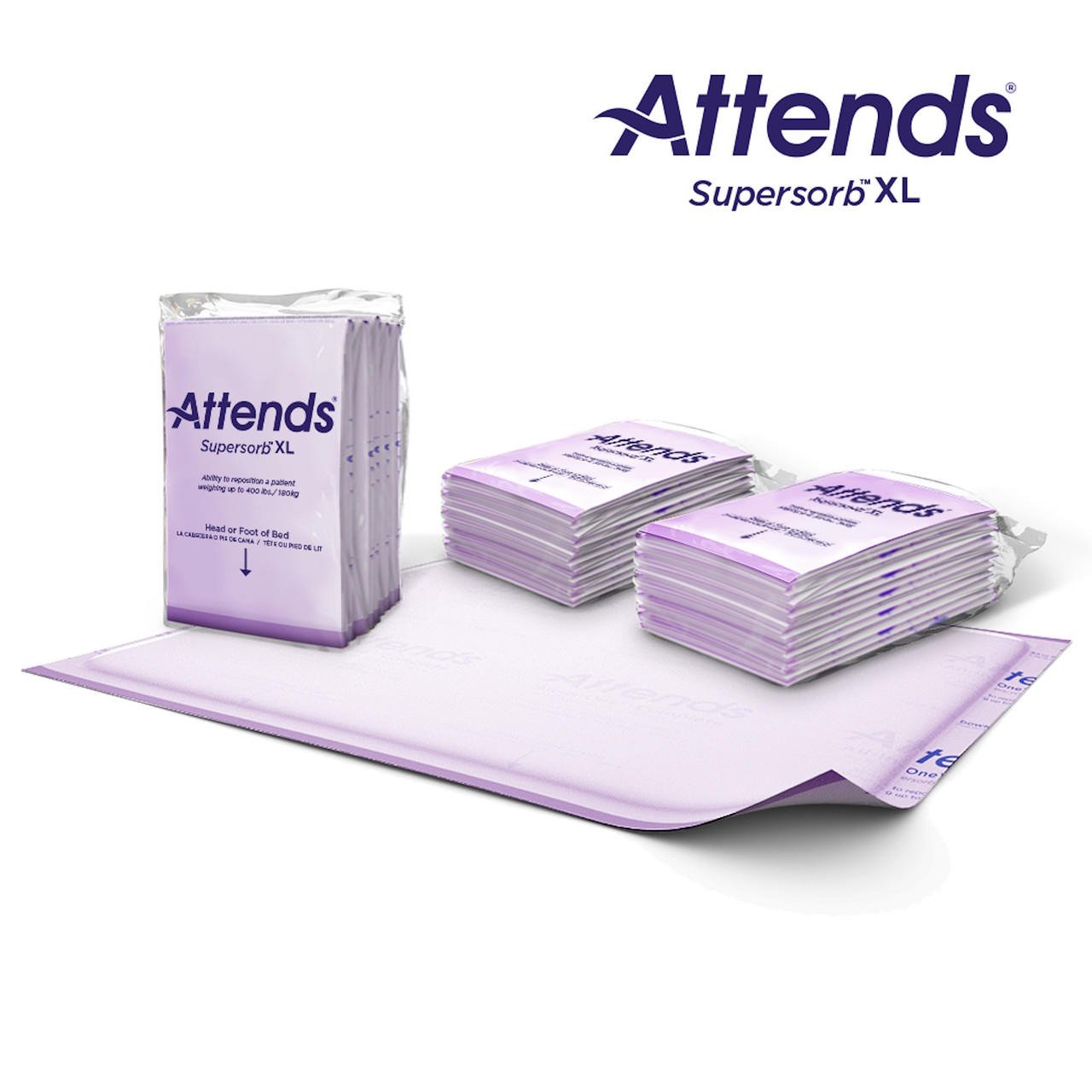 Attends Supersorb XL bariatric underpads, stacked packs with purple border, 36" x 51"