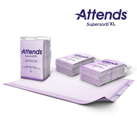 Attends Supersorb XL bariatric underpads, stacked packs with purple border, 36" x 51"