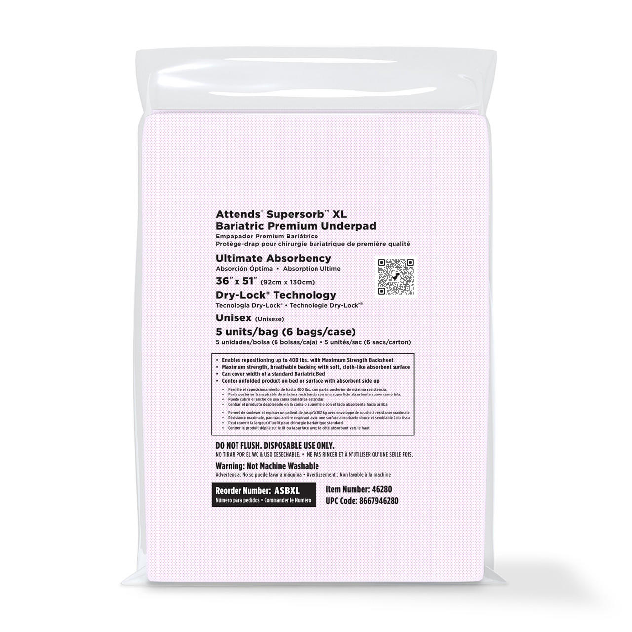 Back of Attends Supersorb XL bariatric underpad package showing 36" x 51" size