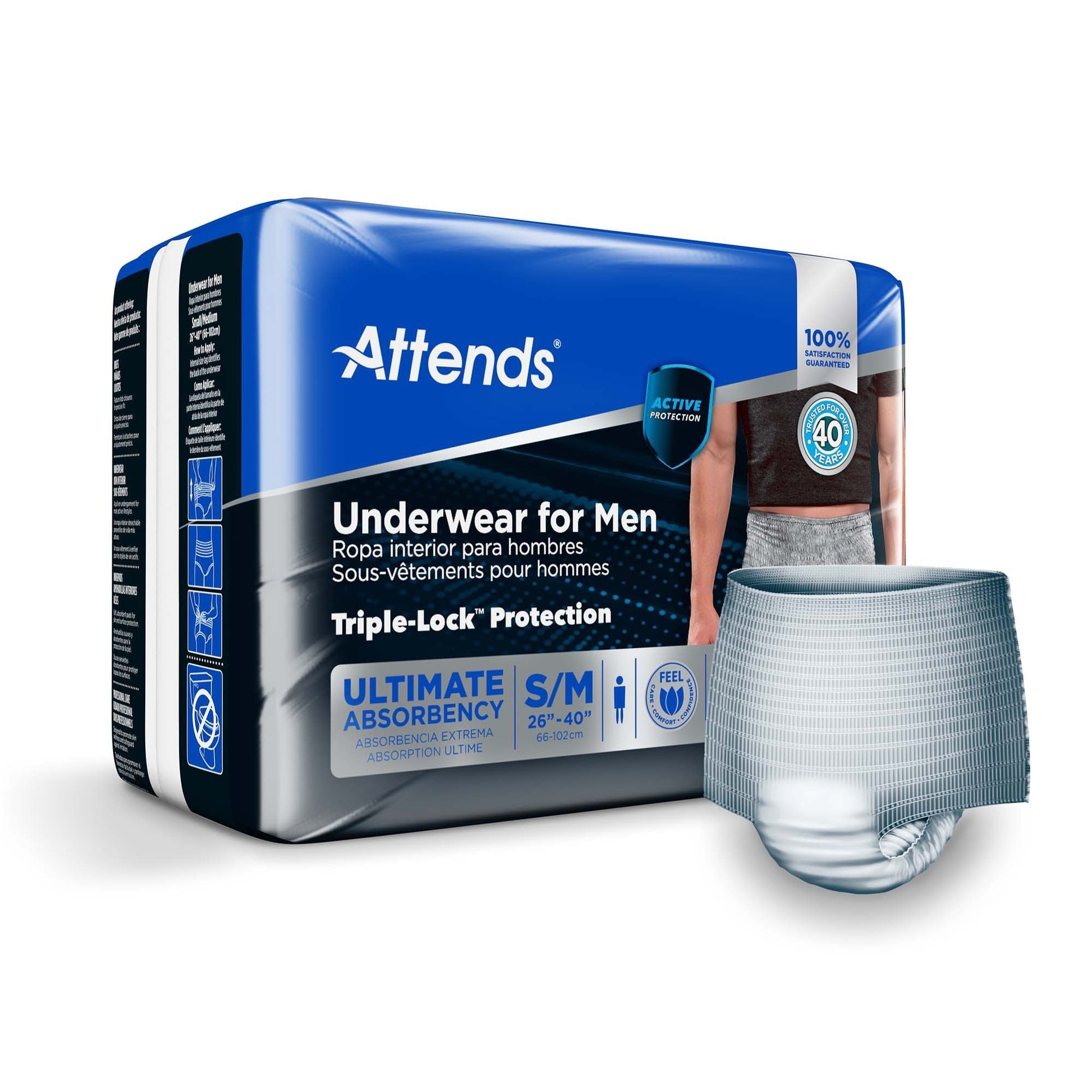 Absorbent men’s underwear box (S/M) with folded gray boxer-style brief
