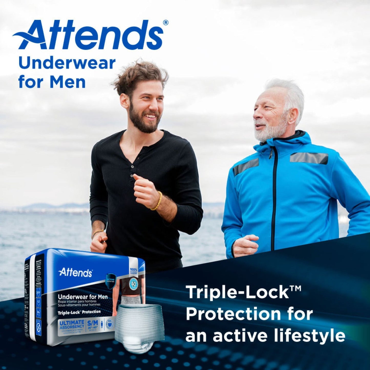 Two men wearing men’s absorbent gray boxer-style underwear, with product box