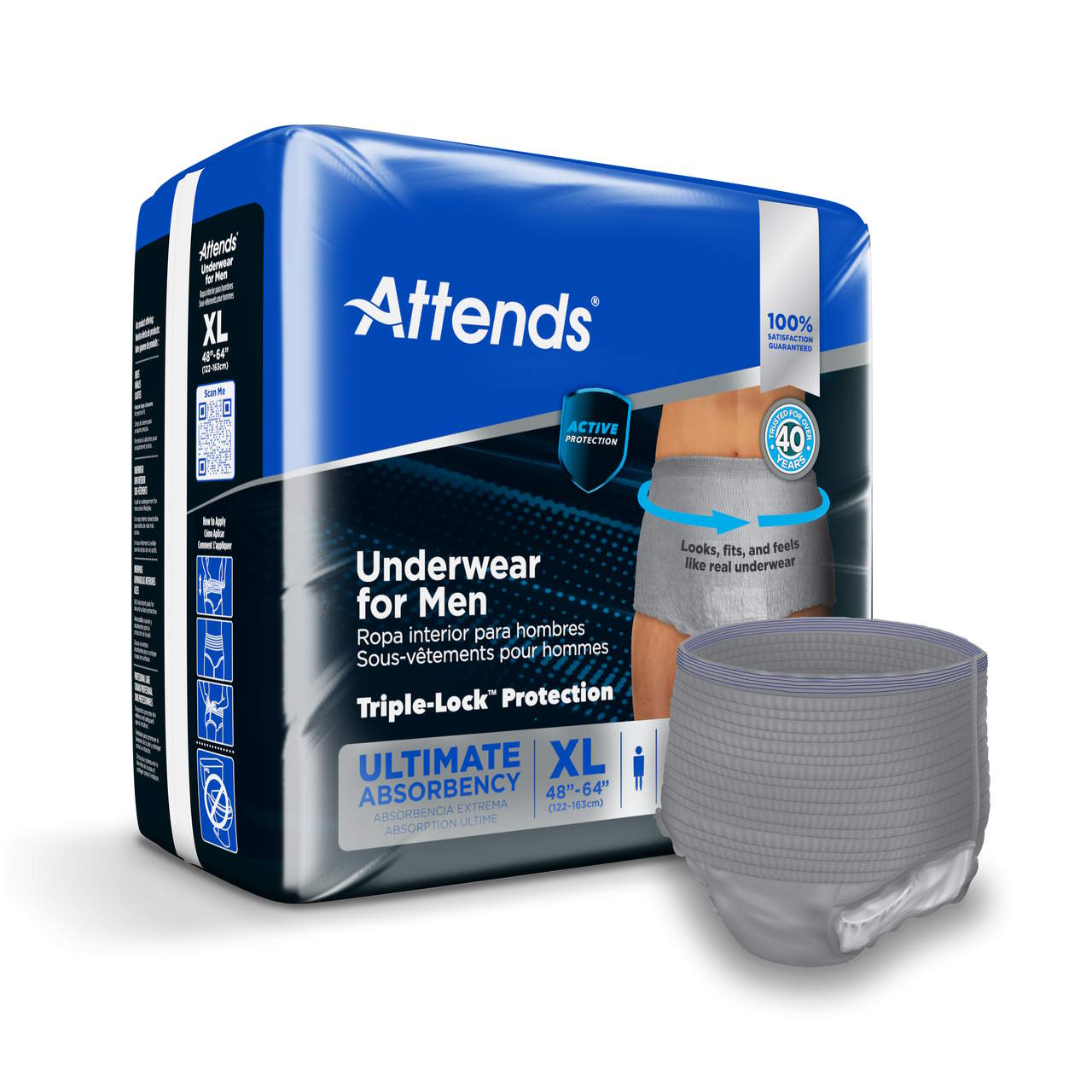 Men’s absorbent underwear in XL, shown with gray disposable briefs and blue box packaging