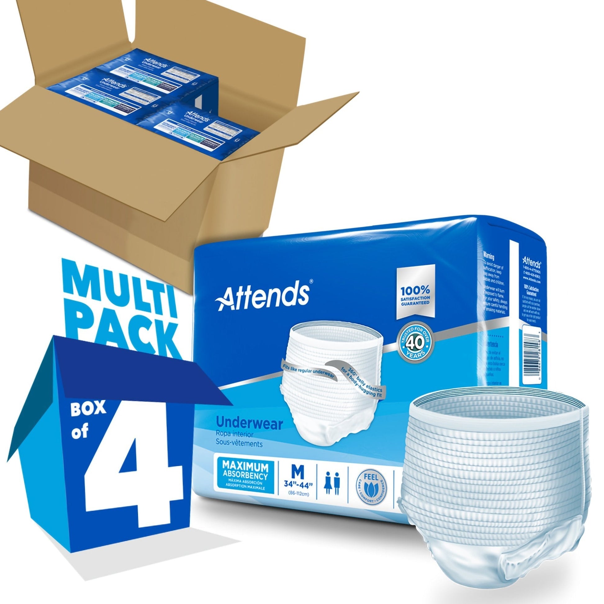 Attends maximum absorbency underwear multi-pack, size M, white briefs and cartons