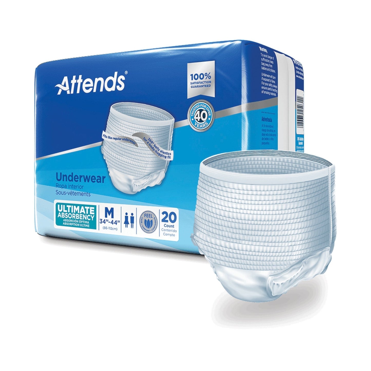 Ultimate Absorbency underwear, size M, pack of 20; white briefs shown on package