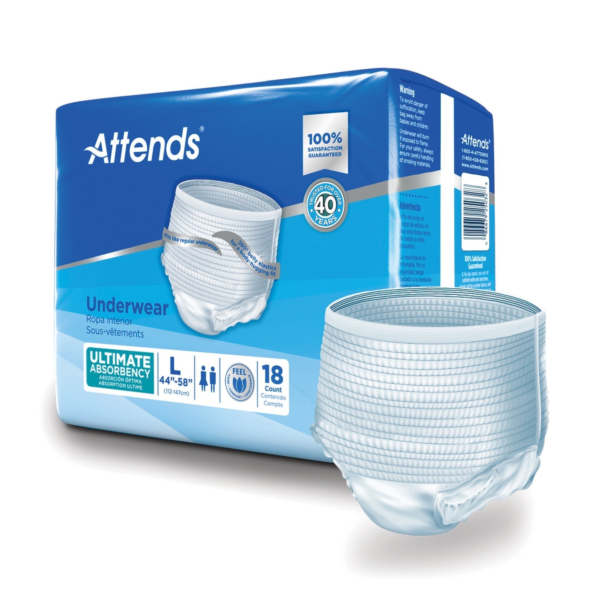 Ultimate Absorbency underwear, size L, pack of 18; white briefs shown on package