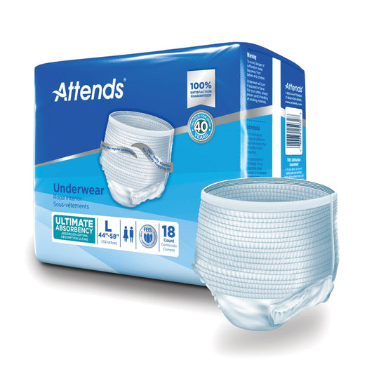 Ultimate Absorbency underwear, size L, pack of 18; white briefs shown on package