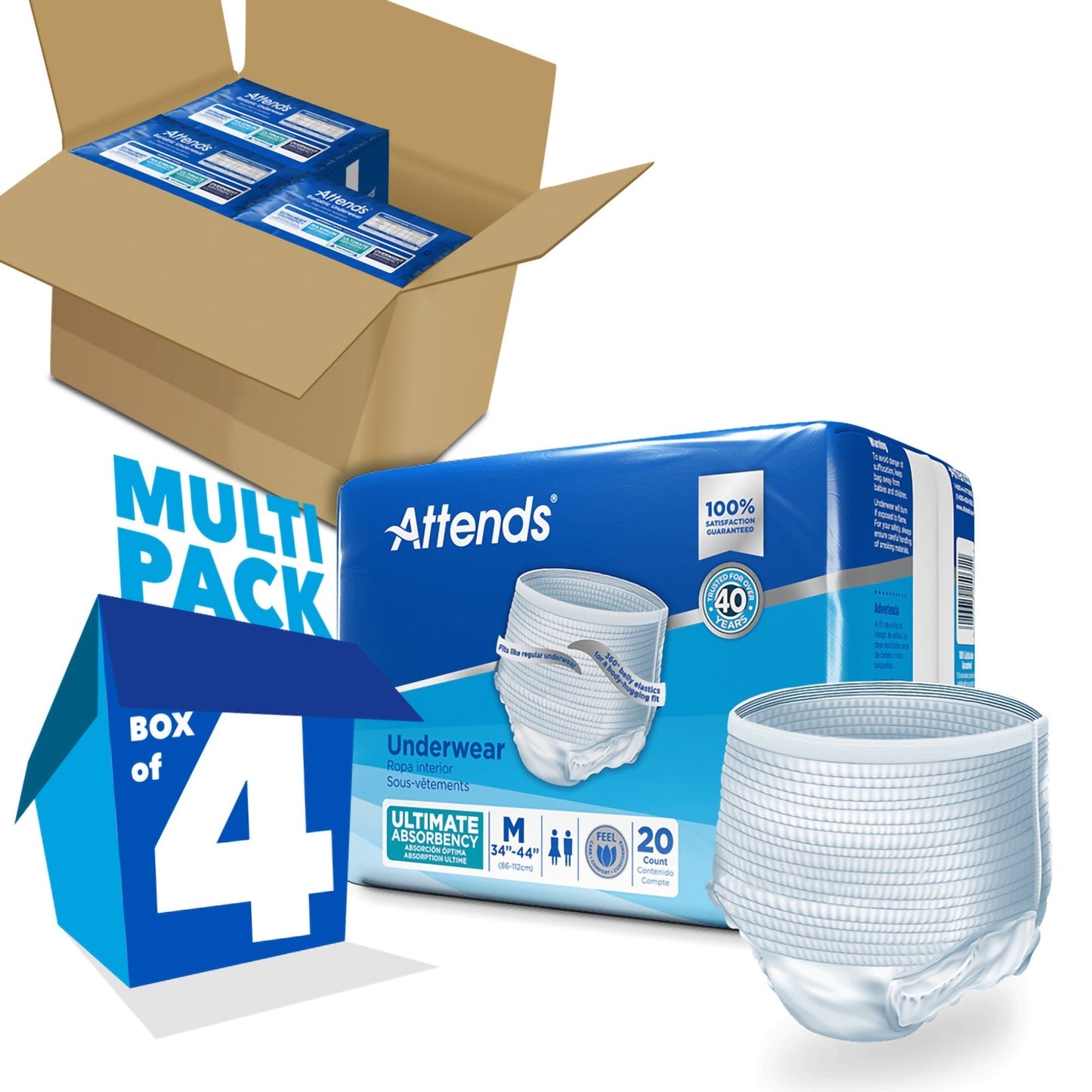 Multi-pack box with 4 units of Ultimate Absorbency underwear, size M, 20-count each