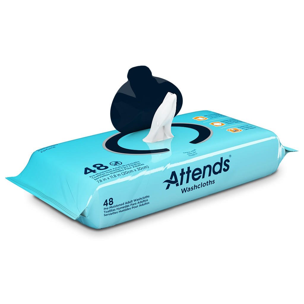 Unscented 48-count washcloths pack with one wipe pulled from the opening