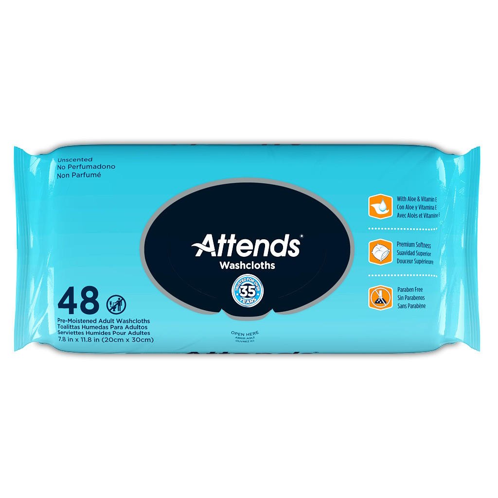 Unscented 48-count adult washcloths, pre-moistened wipes in teal pack front