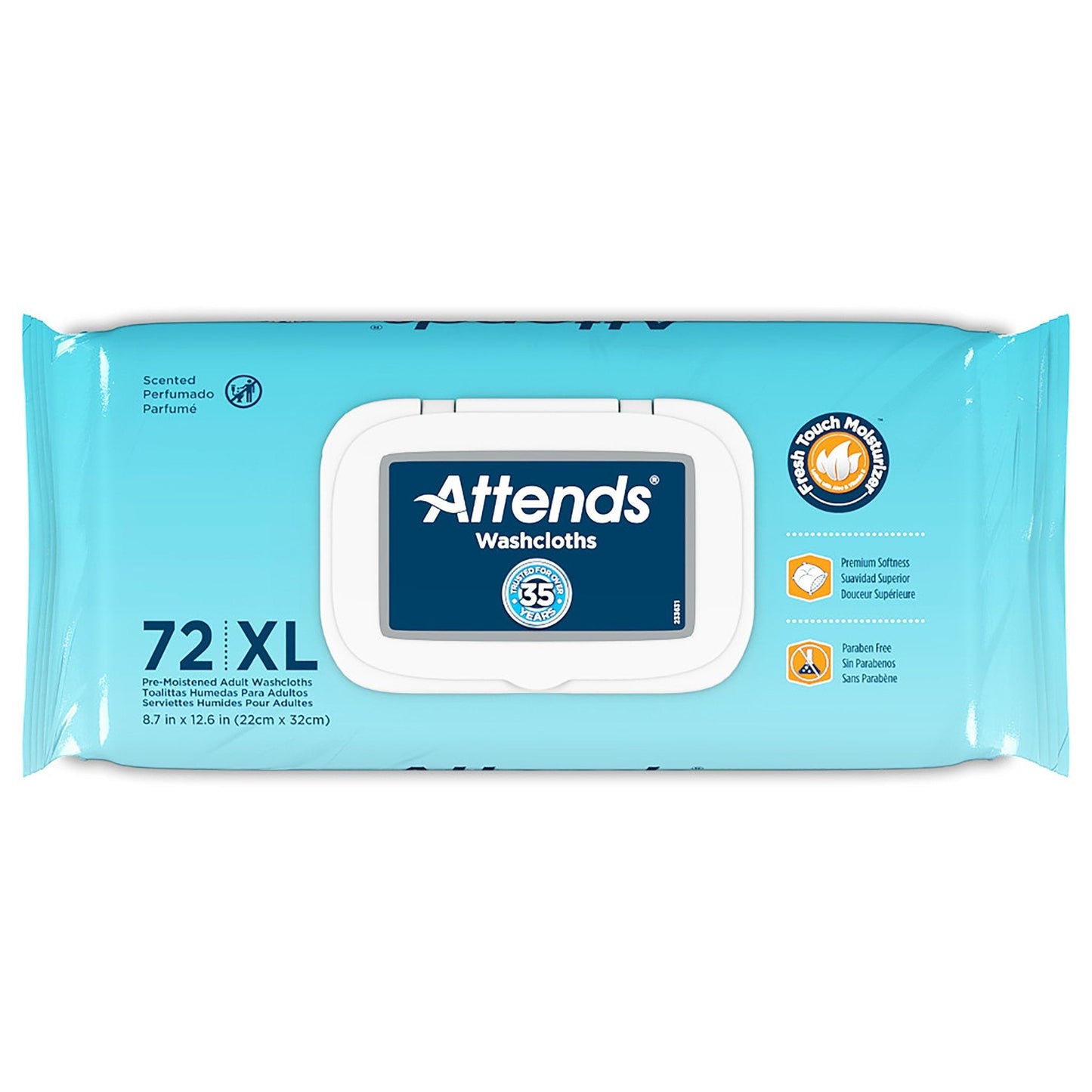 72 XL scented washcloths back panel with Touch Modal and 35% freshness icons