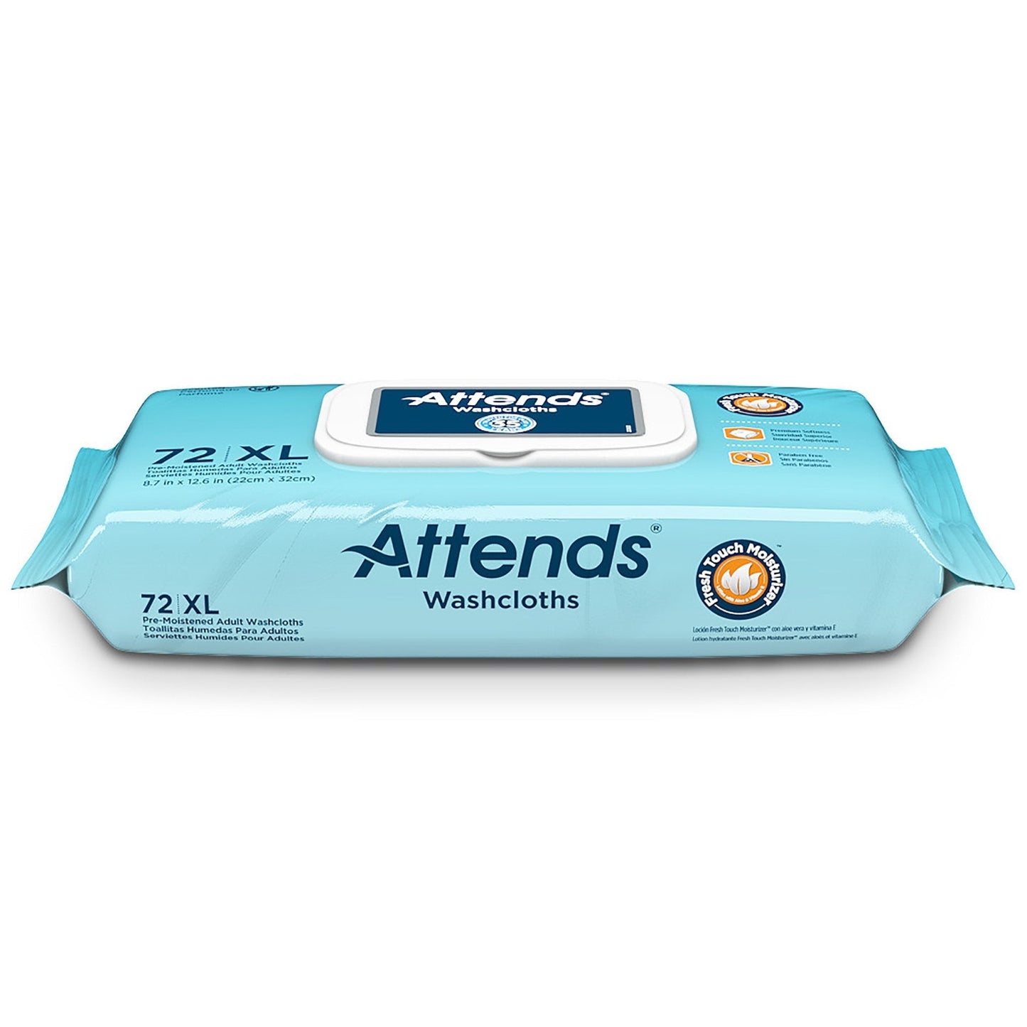 72 XL scented washcloths with front label and pop-up dispenser lid, pre-moistened wipes