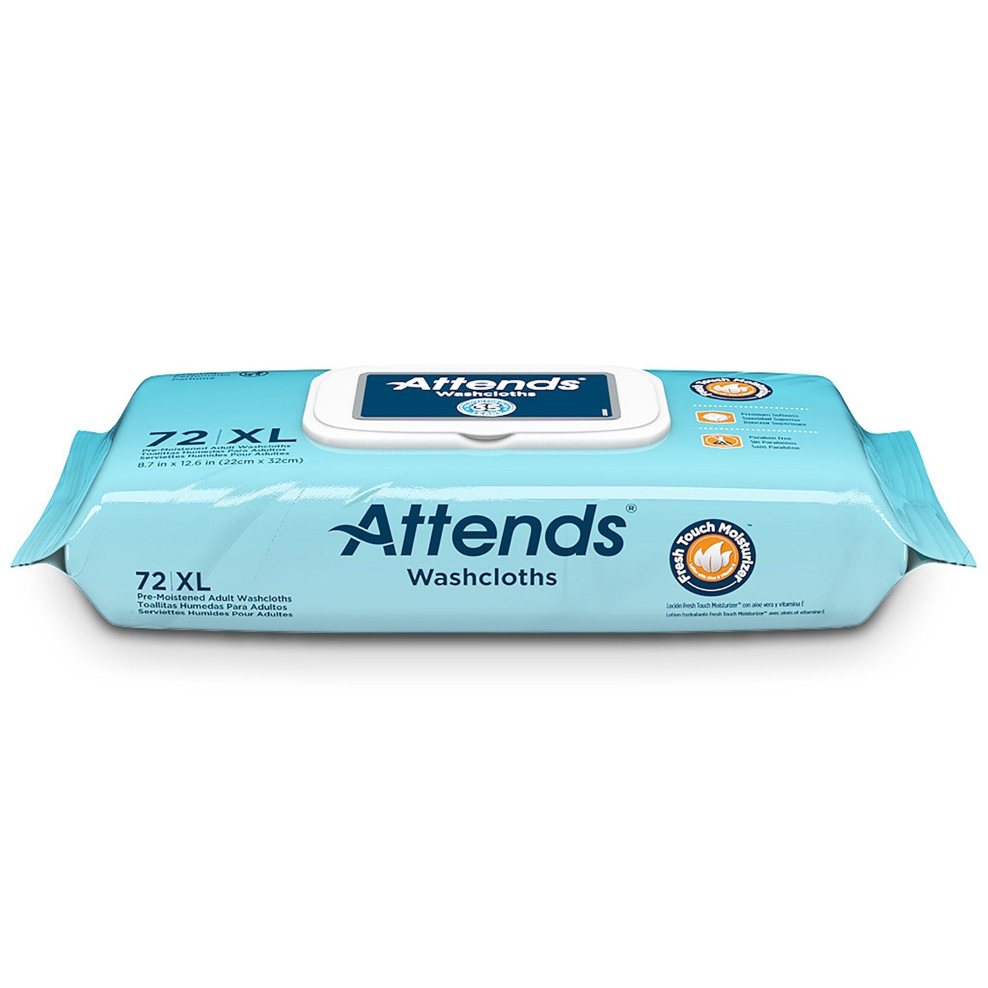 72 XL scented washcloths with front label and pop-up dispenser lid, pre-moistened wipes